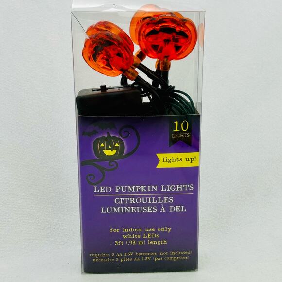 Halloween Led 10 Light Strings Lot of 4 - Lg & Sm Pumpkins Skulls Orange Lights - Picture 8 of 15